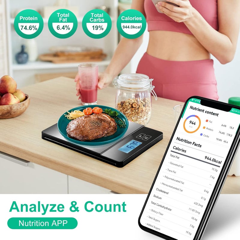 URAMAZ Smart Food Scales for Kitchen, Stainless Steel Digital Food Scale Grams and Ounces with Nutritional Calculator App, Food Weight Scale for Weight Loss, Calorie, Diet, Meal Prep 0.1oz / 11lb - Image 3